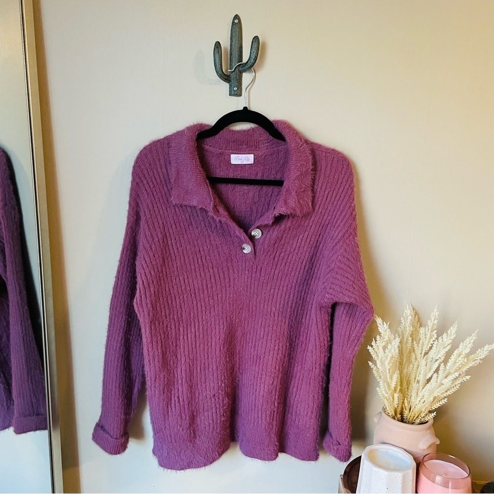 Pink Lily Purple Fuzzy Ribbed Knit Sweater